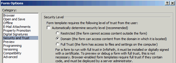 InfoPath Form Options Security and Trust